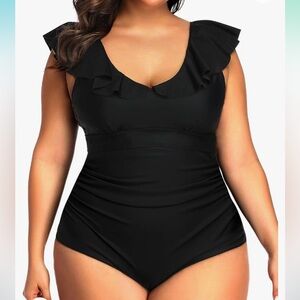 Full coverage one piece swimsuit with ruffles and tummy control